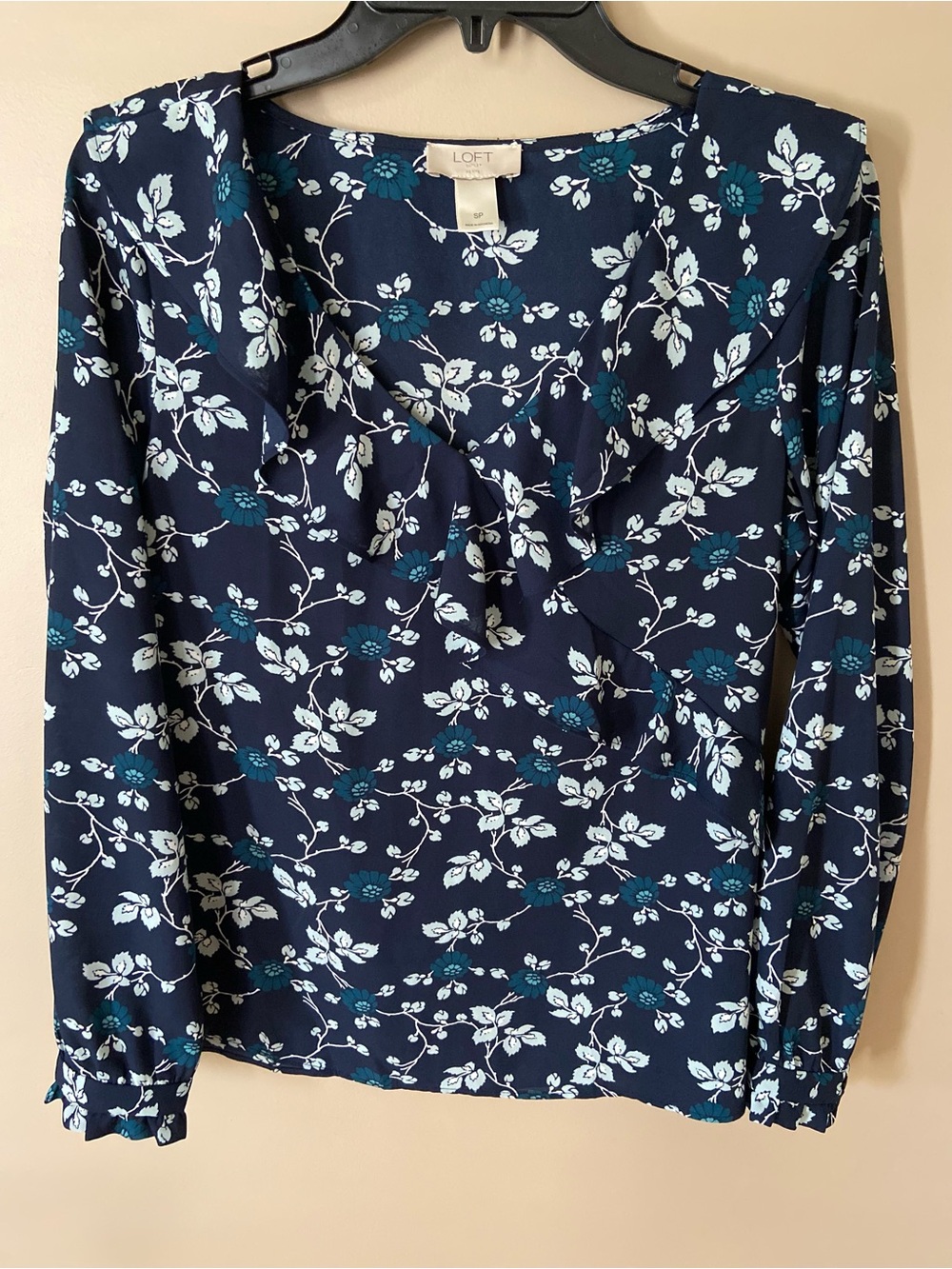 LOFT Navy Floral Ruffle-Front Long Sleeve Blouse